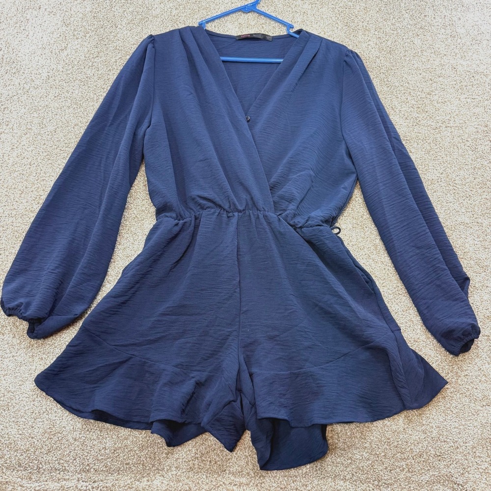 Fraiche by J Womens Navy Blue Ruffle Long Sleeve Wrap Romper L Wedding Cocktail